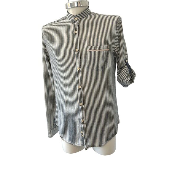ZARA Man ~ Linen blend Blue & White Striped ~ Long Sleeve Button-Down Shirt~ - Picture 8 of 14